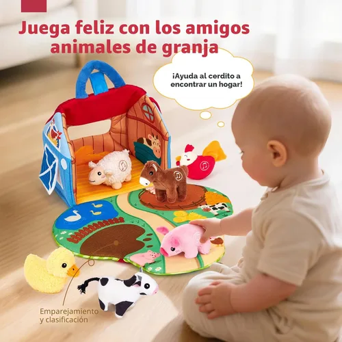 Miniatura 5 de hahaland Juguetes para bebés de 6 a 12 meses – Granero sorpresa con animales de granja de peluche con sonidos reales – Juguetes Montessori