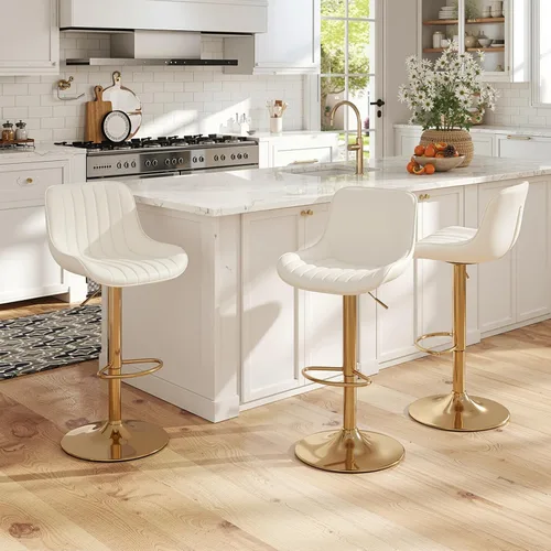 Miniatura 2 de Juego de 4 taburetes de bar giratorios de terciopelo con respaldo y reposapiés, sillas de bar doradas modernas ajustables para isla de cocina, bar