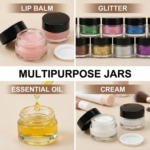Miniatura 4 de Coloch Paquete de 90 recipientes de muestra de vidrio de 0.2 fl oz con tapa negra, mini tarros de vidrio para cosméticos con forro