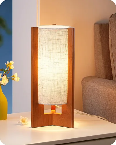 Miniatura 10 de EDISHINE Lámpara de mesa pequeña de madera, lámpara de noche moderna de 13.5 pulgadas, pantalla de lino beige, lámpara cilíndrica de madera natural