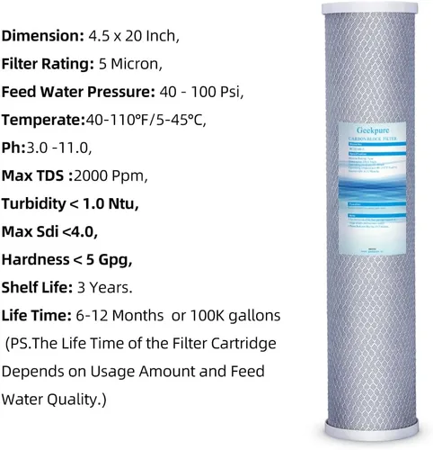 Miniatura 3 de Geekpure Cartucho de filtro de agua de bloque de carbono universal compatible con 20 pulgadas para filtro de agua para toda la casa, 4.5 x 20