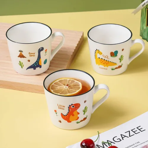 Miniatura 9 de Juego de 4 tazas de cerámica de dinosaurio de 13 onzas, tazas de dinosaurio para regalos, lindas tazas de porcelana de dibujos animados para leche