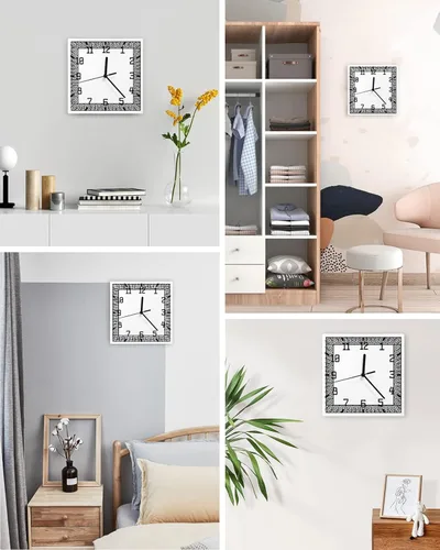 Miniatura 4 de Reloj de pared de madera geométrico negro, silencioso, sin tictac, diseño de llave griega, tradicional, retro, blanco, cuadrado, funciona