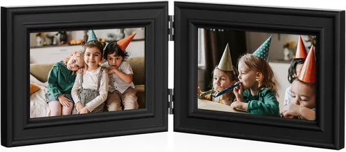 Marco de fotos doble horizontal con bisagras plegable de 4 x 6 pulgadas en madera de pino negro con vidrio real para mesa X3-HEI-2H46