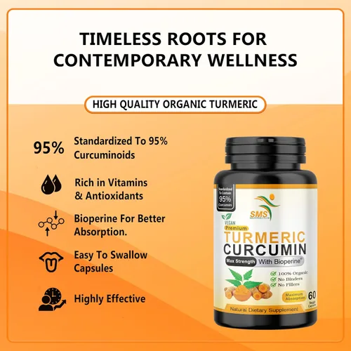 Miniatura 3 de Curcumina de cúrcuma de 1000 mg, sin rellenos, 95% curcuminoides con extracto de pimienta negra BioPerine, vegano, sin OMG, fabricado en Estados