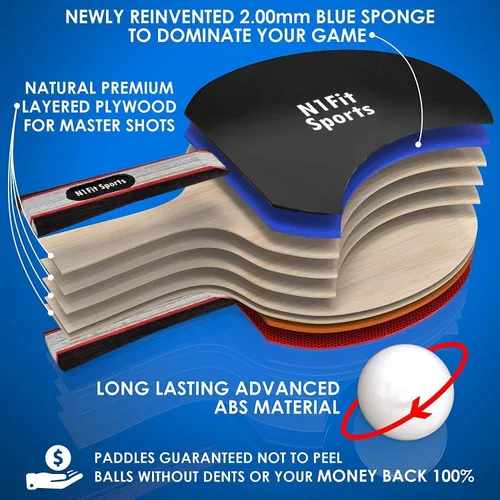 Miniatura 5 de N1fit Paletas de ping pong – Juego de 4 raquetas de alto rendimiento de 5 capas, 8 pelotas de tenis de mesa profesionales de 3 estrellas, estuche