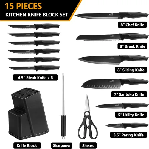 Miniatura 2 de E-far Juego de cuchillos con bloque, juego de 15 piezas de cuchillos de cocina con afilador, juego de cuchillos de chef de acero inoxidable de alto
