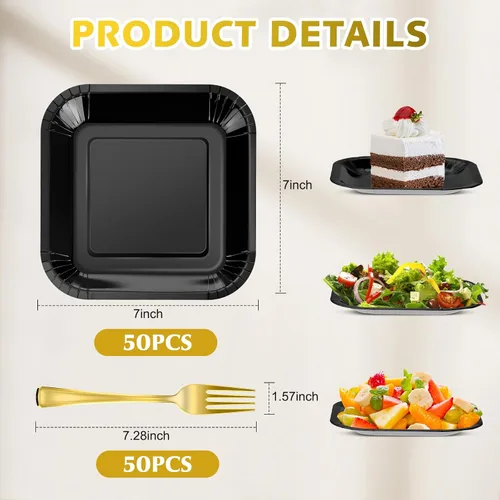 Miniatura 2 de Dandat 100 platos pequeños de papel negro de 7 pulgadas, platos cuadrados desechables para tartas con tenedores de postre de plástico, vajilla