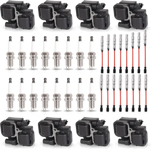 ENA Juego de 8 bobinas de encendido con 16 bujías de iridio y juego de cables rojos compatibles con Mercedes-Benz C43 CL500 CLK430 CLK500 E430 E500