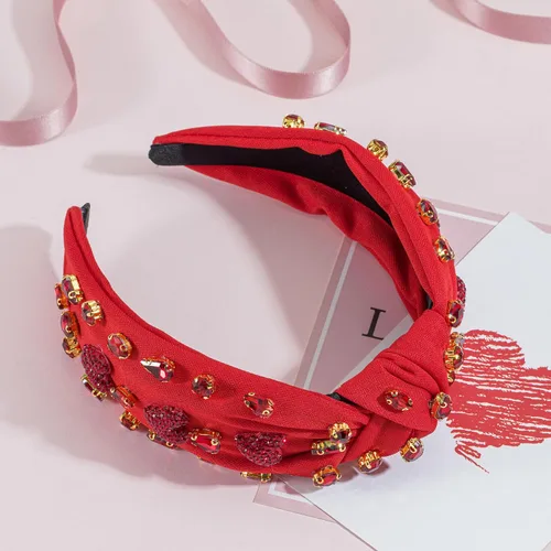 Miniatura 4 de Diadema roja adornada de corazón para el día de San Valentín, diadema anudada con dije de corazón de cristal brillante, antideslizante, nudo