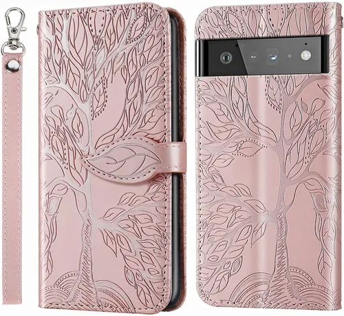 Funda para Google Pixel 6 Pro, funda tipo cartera para Pixel 6 Pro 5G, piel sintética de alta calidad con diseño de árbol en relieve, función atril,