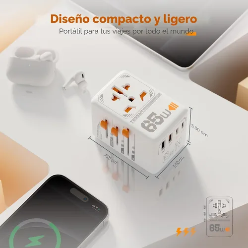 Miniatura 6 de TESSAN Adaptador de viaje universal, adaptador de enchufe internacional GaN de 65 W con 4 puertos de carga USB (2 USB C), toma de corriente mundial