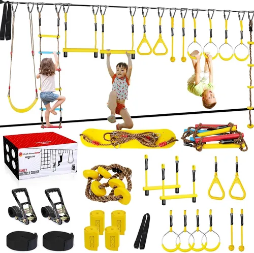 Miniatura 8 de Ninja Warrior - Carrera de obstáculos para niños, kit de línea floja de 2 x 56 pies con 10 accesorios ninja, barra de mono, escalera de cuerda