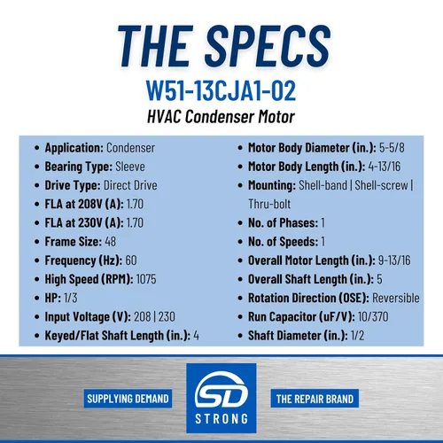 Miniatura 2 de Supplying Demand W51-13CJA1-02 Motor de condensador HVAC 1/3 HP 1 Fase 1 Velocidad 208/230V 1075 RPM debe coincidir con las especificaciones