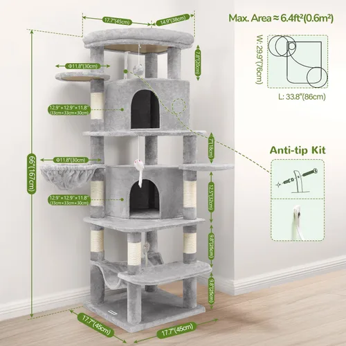 Miniatura 7 de Globlazer Árbol esquinero para gatos grandes, serie curvada de 66 pulgadas de alto, torre grande para gatos de interior con 6 postes rascadores, 2