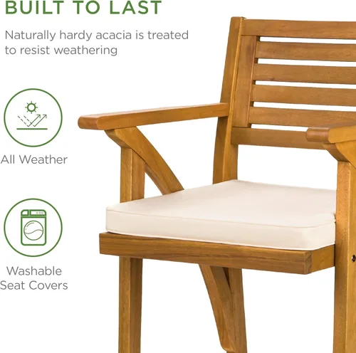 Miniatura 6 de Best Choice Products Juego de 2 taburetes de bar de madera de acacia para exteriores, sillas de bar para patio, piscina, jardín con cojines Crema