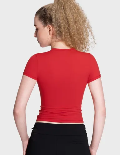 Miniatura 4 de PUMIEY Camiseta básica de manga corta con cuello redondo para mujer, con doble forro, ajustada, colección Smoke Cloud Pro