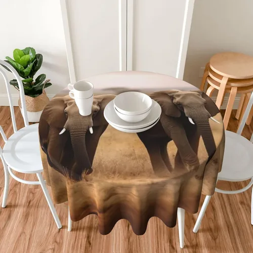Miniatura 7 de Mantel redondo de otoño de 60 x 60 pulgadas, mantel con estampado de animales salvajes y elefantes, impermeable, resistente a las arrugas, mantel