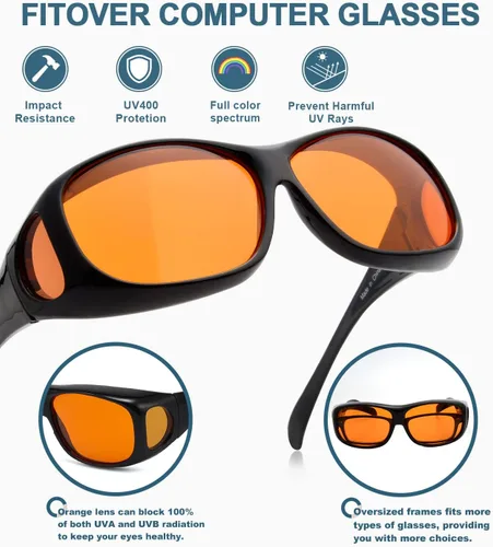 Miniatura 4 de BLUELESS Se ajustan sobre lentes de bloqueo azul con lentes teñidos de naranja, color negro 06-negro-100% bloqueo de luz azul