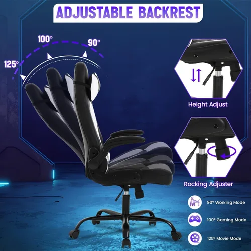 Miniatura 4 de Silla de juegos para PC, silla ergonómica de oficina de masaje ajustable en altura con giro de 360 grados, asiento ancho y reposacabezas