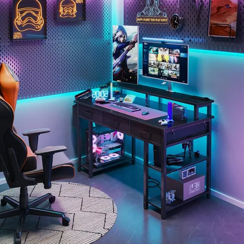 Miniatura 2 de Lufeiya Escritorio para juegos con luces LED y tomas de corriente, escritorio de oficina en casa de 47 pulgadas con soporte para monitor y estantes