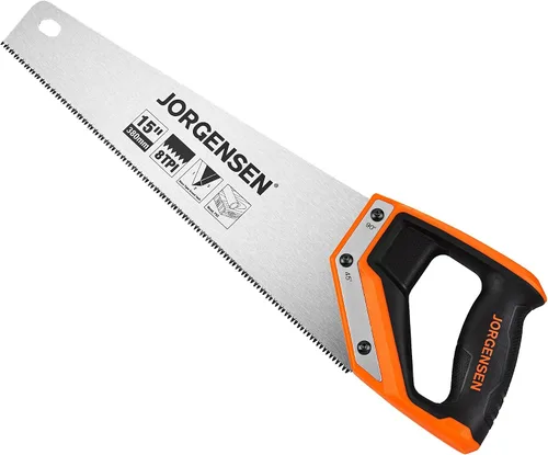 JORGENSEN Sierra de mano profesional de 15 pulgadas, mango ergonómico de soldadura ultrasónica de aluminio antideslizante de corte fino 8 TPI para