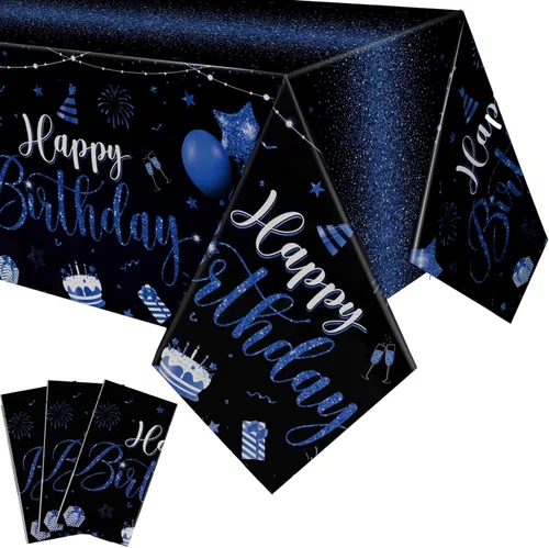Miniatura 13 de Tudomro 3 piezas de manteles de feliz cumpleaños, manteles de plástico para decoración de fiesta de cumpleaños, paños rectangulares para baby Negro