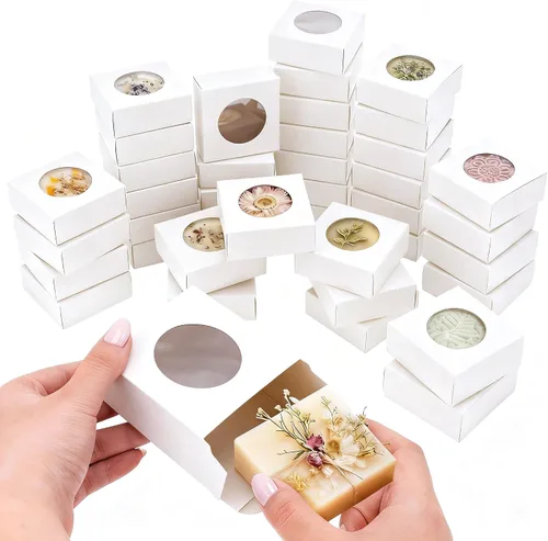 Miniatura 8 de Chinco 30 cajas de jabón cuadradas para jabones caseros, velas, 3 x 3 x 1.2 pulgadas, cajas de jabón con ventana transparente, pequeña caja de Negro