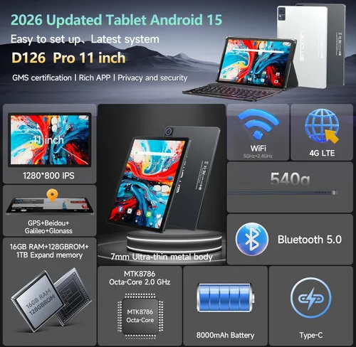 Miniatura 2 de Android 15 Tablet 2026 Última tableta de 11 pulgadas con teclado, 128 GB ROM 16 GB RAM 2TB Expand, 8000 mAh, tabletas Octa-Core con WiFi 5G/2.4G
