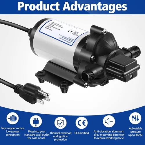 Miniatura 3 de Bomba de Diafragma de Presión de Agua Industrial 115V 4 GPM 45 PSI, Bomba Autocebante de Refuerzo de Agua con Enchufe de Energía, Filtro de Cepo