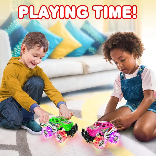 Miniatura 5 de ArtCreativity Juego de camión monstruo con luz rosa y verde para niños y niñas, el juego incluye 2 camiones monstruo de 6 pulgadas con hermosos