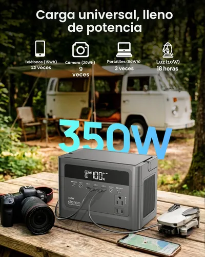 Miniatura 2 de Estación de energía portátil de 350 W, 230.4 Wh, batería LiFePO4 de 110 V, salida de CA de onda sinusoidal pura con carga rápida PD, generador solar