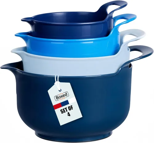 BoxedHome Paquete de 4 Tazones de Mezcla Anidables con Pico Vertedor y Asa, Tazón Grande de Mezcla de Plástico sin BPA Apto para Microondas y Azul
