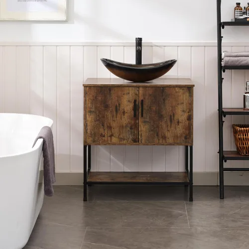 Miniatura 41 de UEV Tocador de Baño de Roble Rústico de 24" con Lavabo, Conjunto de Gabinete de Baño con Marco de Hierro Industrial con Puertas y Estante, con Combo