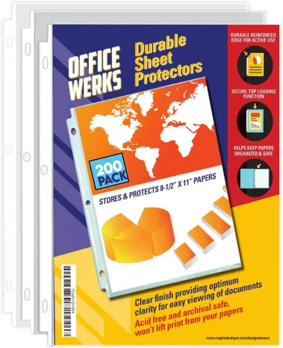 Office Werks Protectores de 200 hojas, página transparente de 8.5 x 11 pulgadas para carpeta de 3 anillas, fundas de plástico, protector de papel