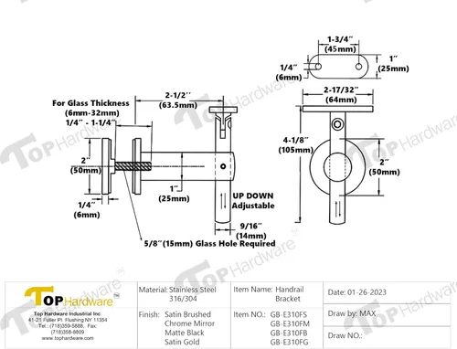 Miniatura 5 de Soporte de pasamanos ajustable de acero inoxidable de grado 316, superficie superior plana para tubo cuadrado, adecuado para vidrio de 1/4 a 1-1/4