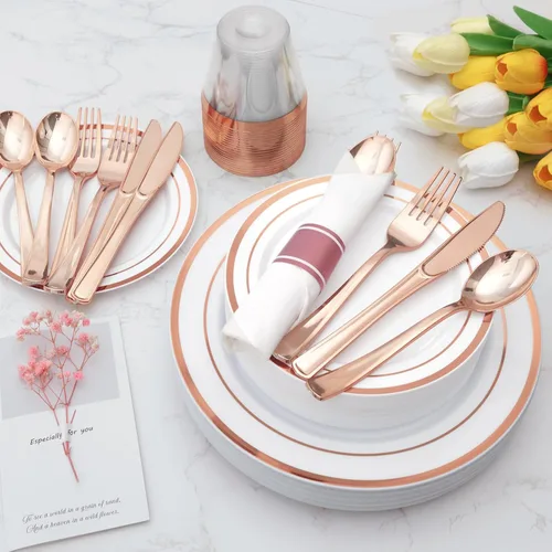 Miniatura 5 de Goodluck Juego de vajilla de plástico color oro rosa de 175 piezas para 25 invitados, elegantes platos desechables para fiesta, incluye: 25 platos