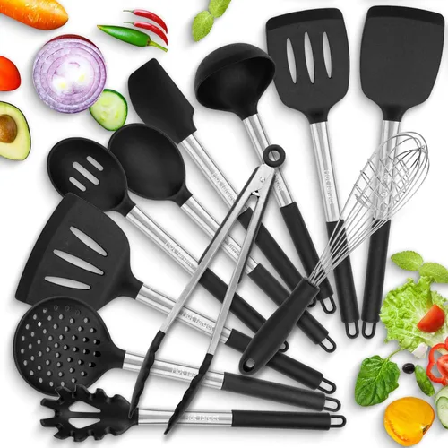 Miniatura 10 de Juego de 3 pinzas de cocina - 7, 9, 12 pulgadas, resistente, antiadherente, silicona, de acero inoxidable