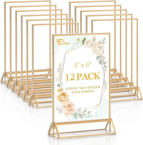 Miniatura 23 de EHWINE Paquete de 12 soportes acrílicos para letreros de 5 x 7 pulgadas, soporte de marco de oro de doble cara, soportes de letreros de mesa