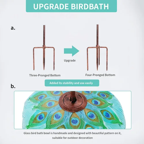 Miniatura 5 de MUMTOP - Bañera de cristal para pájaros, para jardín y exteriores, bañera o comedero de aves, con estaca de metal, estilo pavo real