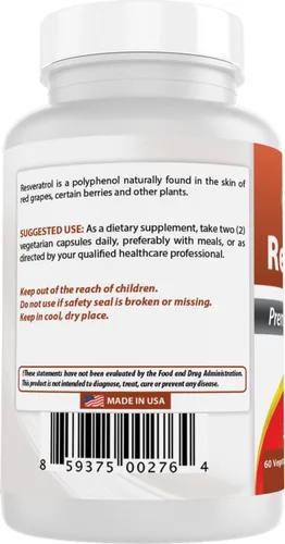 Miniatura 7 de Best Naturals 2 paquetes de complejo de resveratrol 500 mg 60 cápsulas vegetales hechas con piel de uva, vino tinto, quercetina, sin gluten y sin