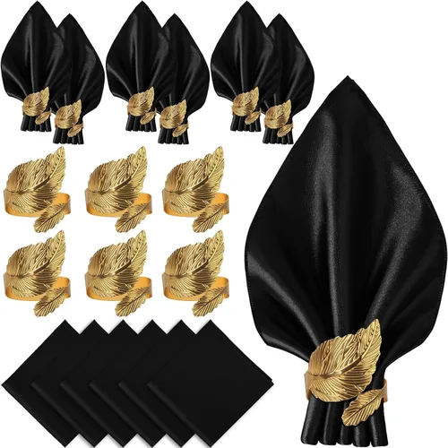 Miniatura 8 de VIJIV Juego de 12 servilletas de tela y juego de 6 anillos de servilleta dorados, 17x17 servilletas de cena cuadradas de satén para mesa, anillos