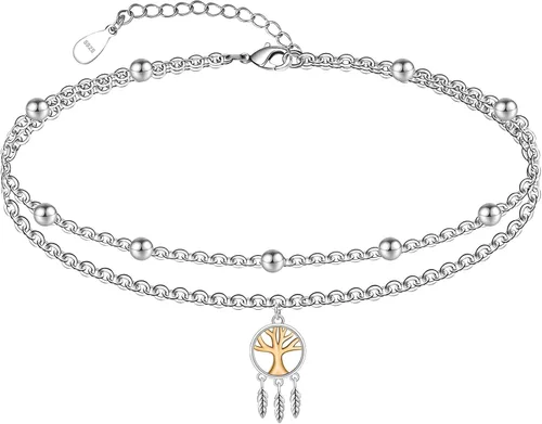 Miniatura 41 de CHIC & ARTSY Tobilleras delicadas de plata de ley S925 para verano, pulsera de tobillo ajustable multicapa para playa, joyería de pie para mujer