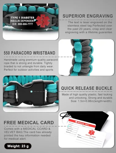 Miniatura 9 de Pulsera de alerta médica Paracord para hombres y mujeres Pulsera de identificación médica de acero inoxidable con hebillas de liberación lateral
