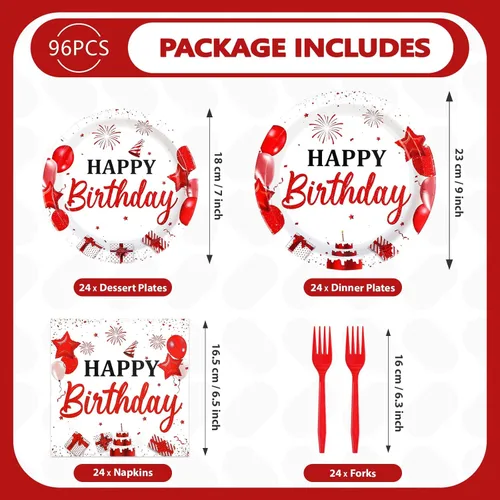 Miniatura 4 de 96 piezas de decoraciones de fiesta de cumpleaños rojo y blanco con platos y servilletas de feliz cumpleaños, juegos de vajilla de globos