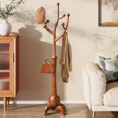 Miniatura 12 de Perchero de Madera Independiente con 8 Ganchos, Soporte para Abrigos de Servicio Pesado con Base Estable, Perchero Vintage de Pie para Entrada