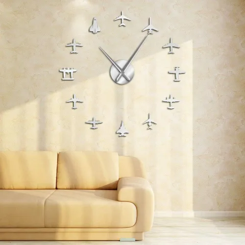 Miniatura 5 de The Geeky Days Flying Plane Fighter Jet - Reloj de pared grande sin marco, estilo acrílico, efecto espejo, adhesivo, avión, silencioso, cuarzo, Plata