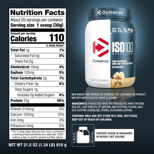 Miniatura 7 de Dymatize ISO100 Proteína en polvo de suero aislado de hidrolizado, Vainilla gourmet, 25g de proteína, 5.5g de BCAA, Menos de 120 calorías, Sin