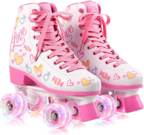 Patines clásicos para niñas de 8 a 12 años, patines cuádruples para mujer con ruedas iluminadas, patines recreativos de piel sintética de alta