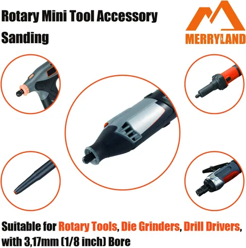 Miniatura 5 de Merryland Banda de lijado de tambor para Dremel 184 piezas, 120 # 1/2 pulgada manga de lijado 180 piezas y mandril 4 herramientas rotativas
